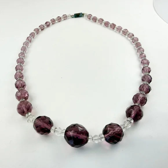 Vintage Czech Amethyst Glass Necklace, Faceted Purple Beads, Art Deco Bohemian - Picture 2 of 7